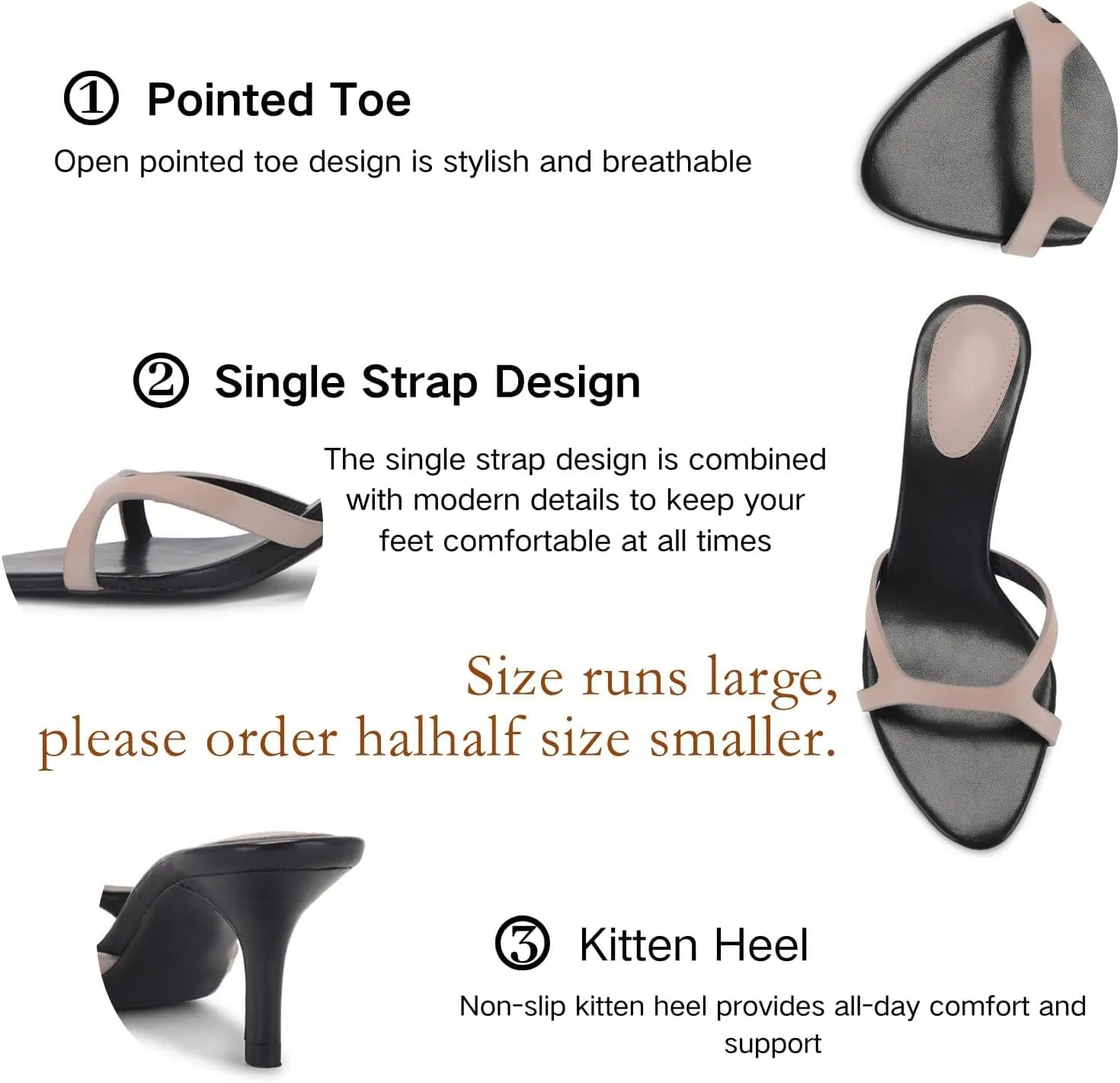 Kitten Heels for Women Single Strap Low Heel Open Toe Mule Shoes Non Slip Sandals