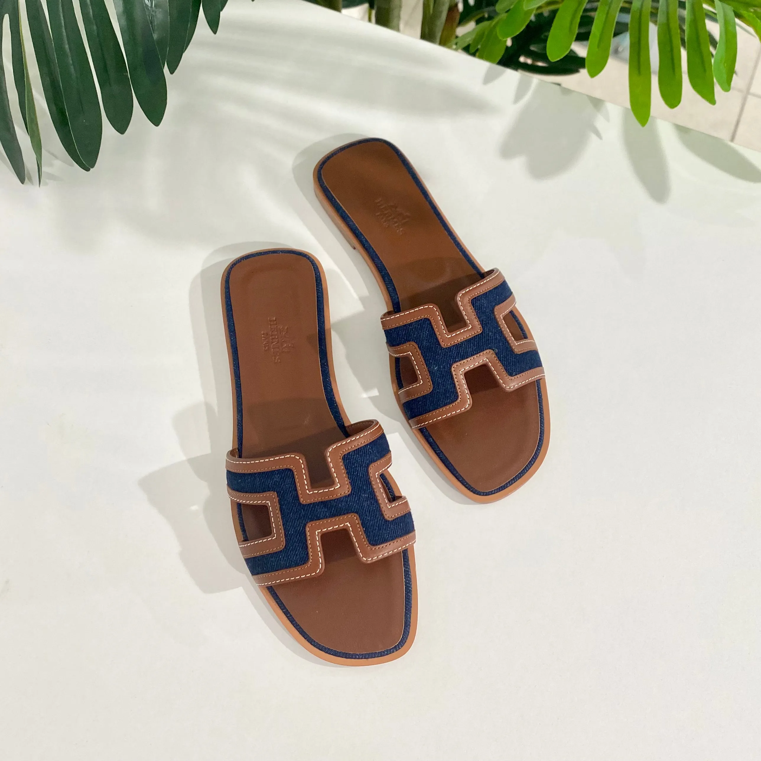 NEW Hermès Denim & Gold Oran Sandals