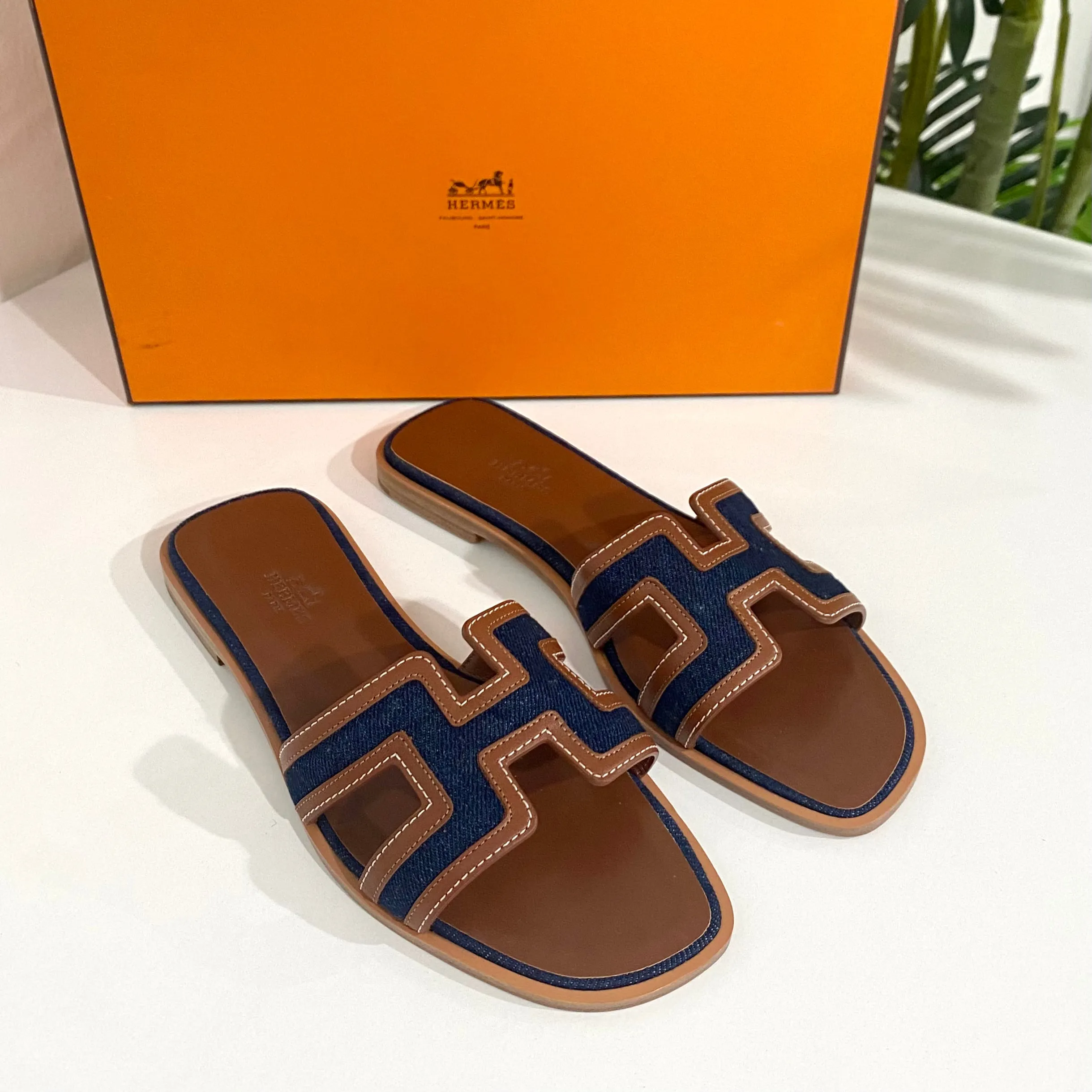 NEW Hermès Denim & Gold Oran Sandals