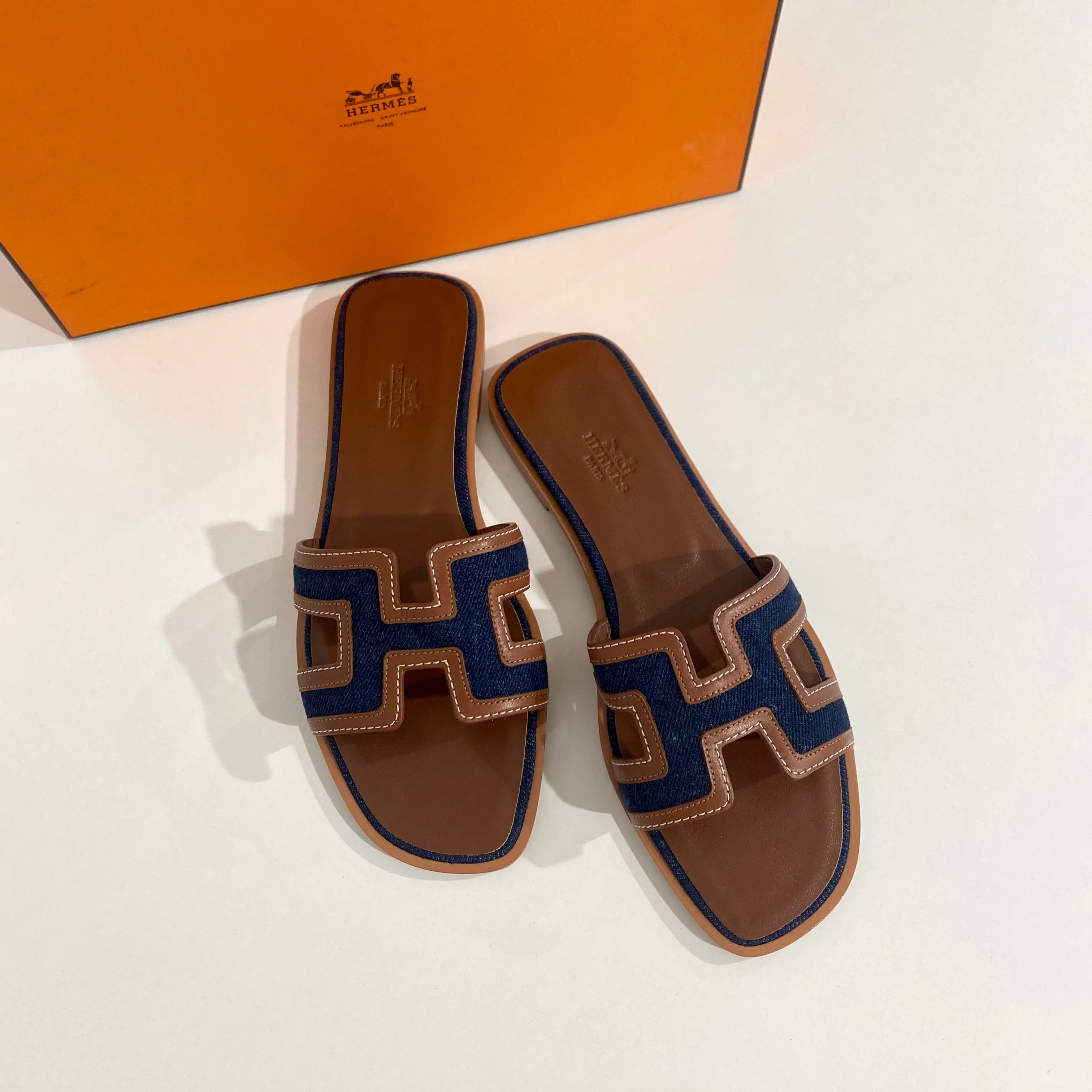 NEW Hermès Denim & Gold Oran Sandals