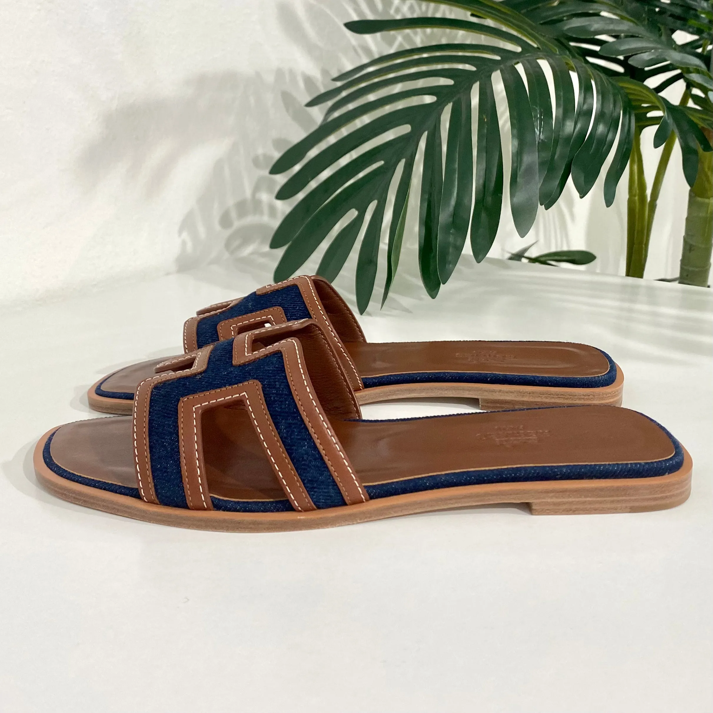 NEW Hermès Denim & Gold Oran Sandals