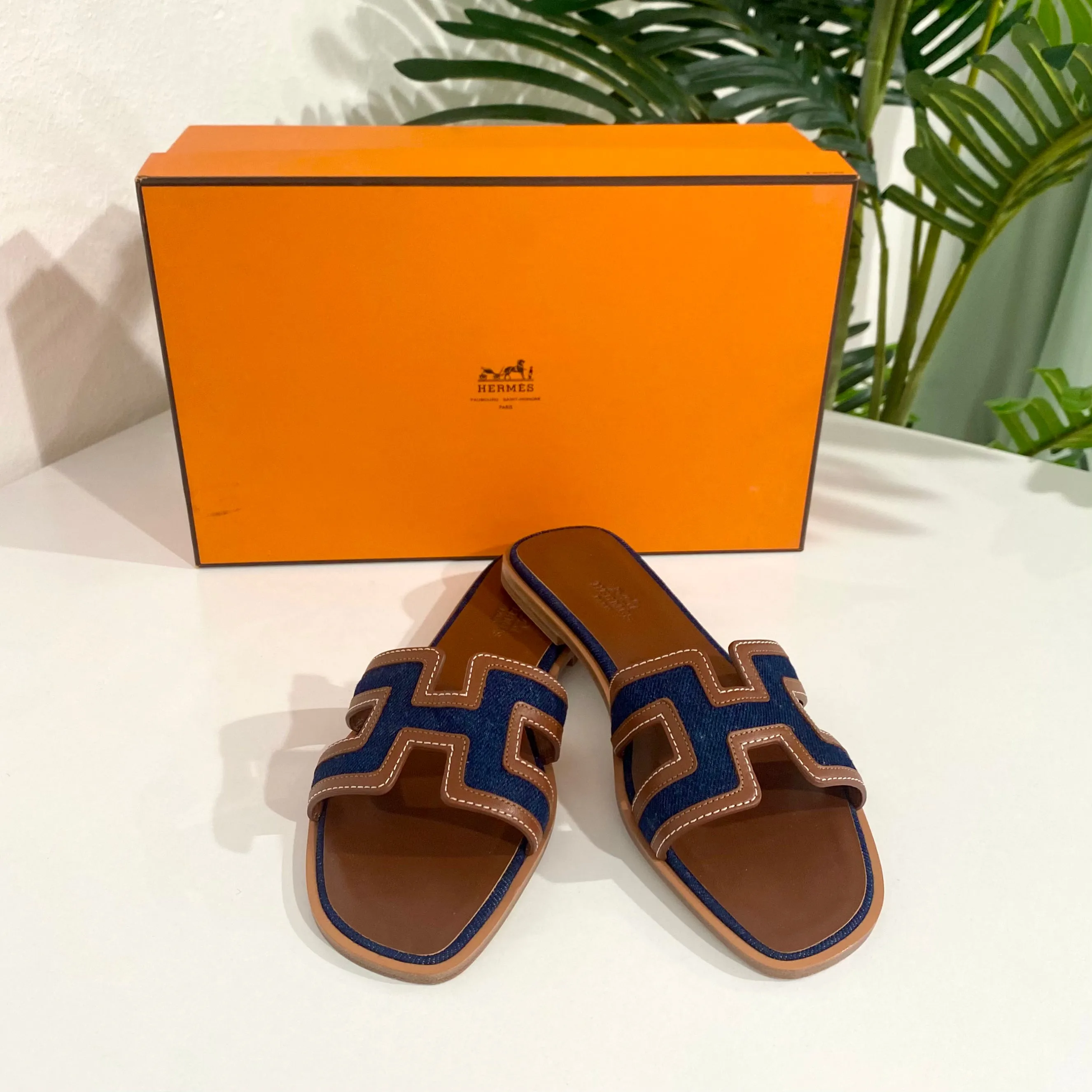NEW Hermès Denim & Gold Oran Sandals