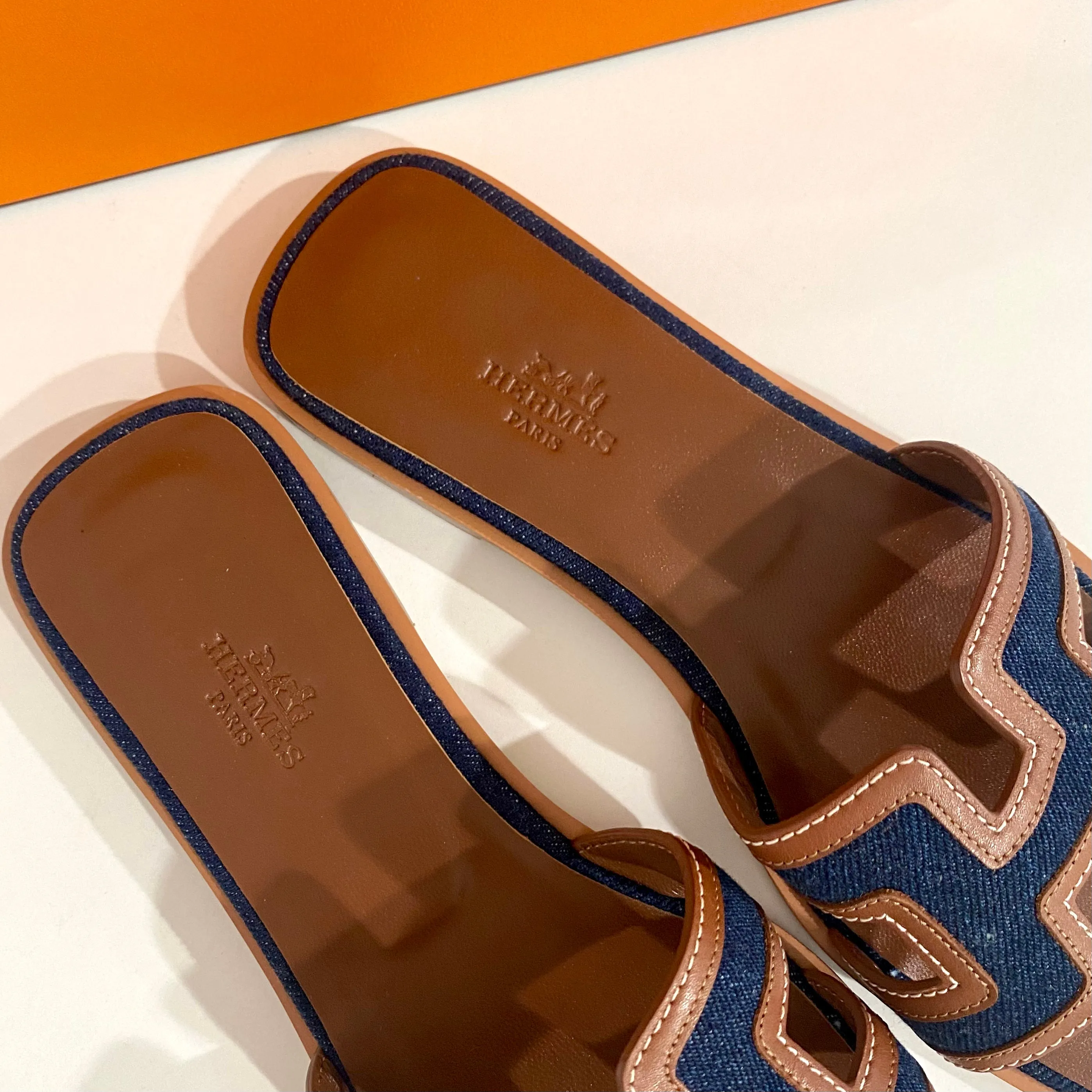 NEW Hermès Denim & Gold Oran Sandals