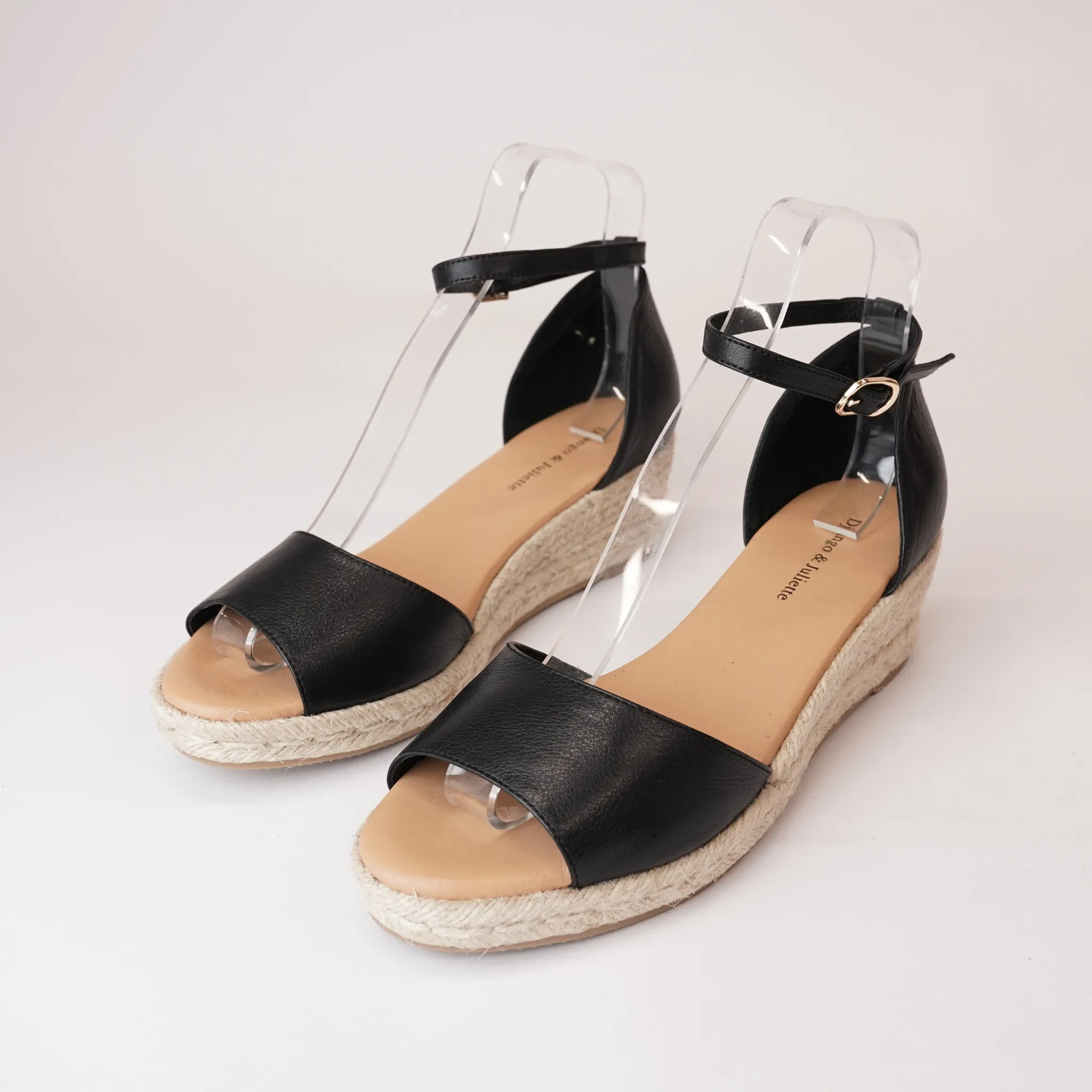 Skip Black Leather Espadrille Wedges