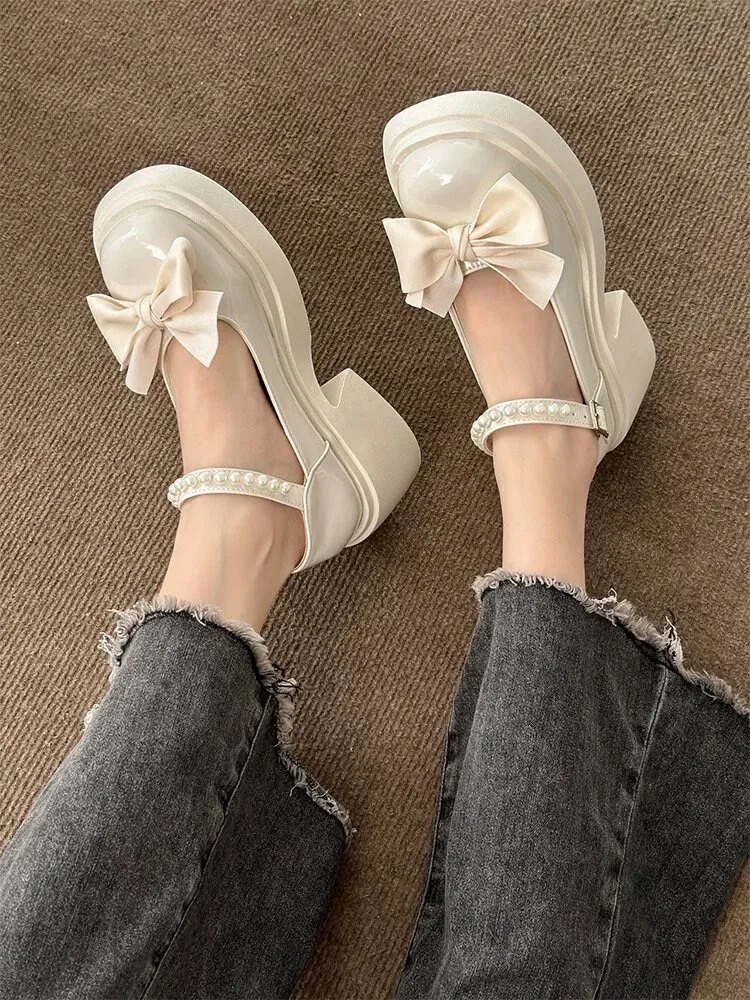 Solid Mary Jane High Heels, Lolita Bow Decor High Heels, Buckle Thick Heels for Women, Cute Round Toe Heels, Kawaii Patent Leather Shoes