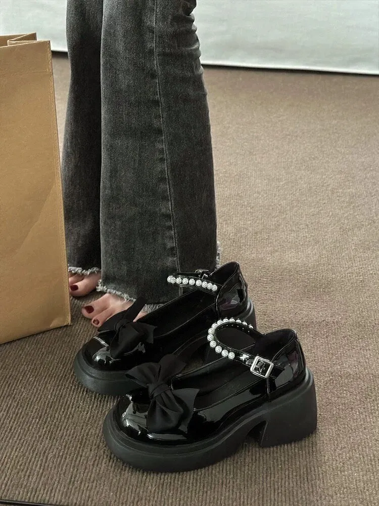 Solid Mary Jane High Heels, Lolita Bow Decor High Heels, Buckle Thick Heels for Women, Cute Round Toe Heels, Kawaii Patent Leather Shoes