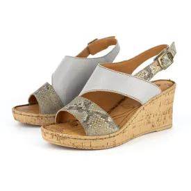 Umgwaqo : Ladies High-Heeled Leather Sandal in Quarry Cayak & Opal Rockafella