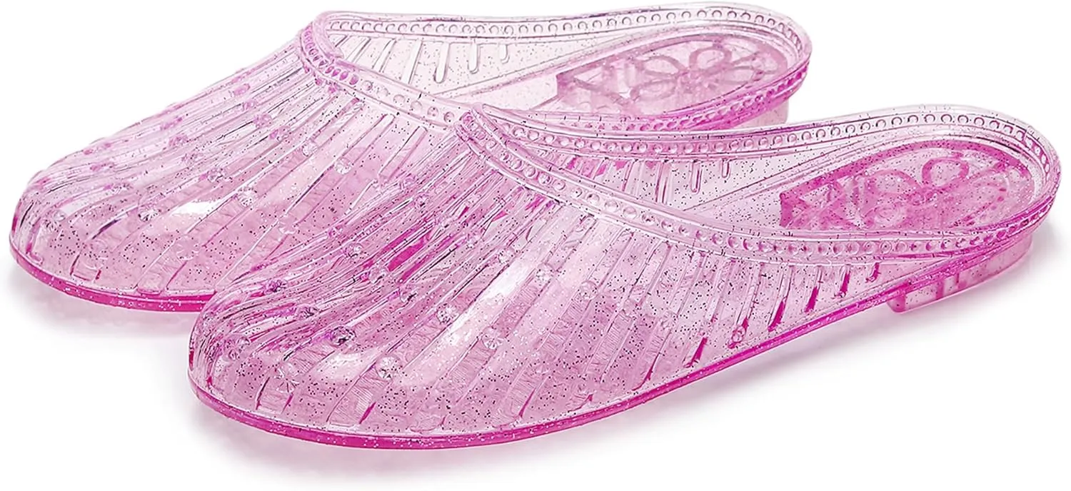 Womens Jelly Shoes, White Jellies Sandals Glitter Clear Flats Slip On Summer Beach Slippers Transparent Closed Toe Soft Slide