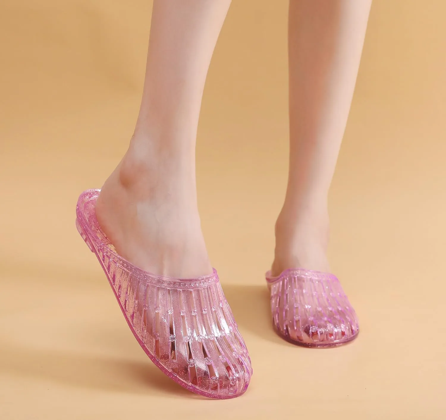 Womens Jelly Shoes, White Jellies Sandals Glitter Clear Flats Slip On Summer Beach Slippers Transparent Closed Toe Soft Slide