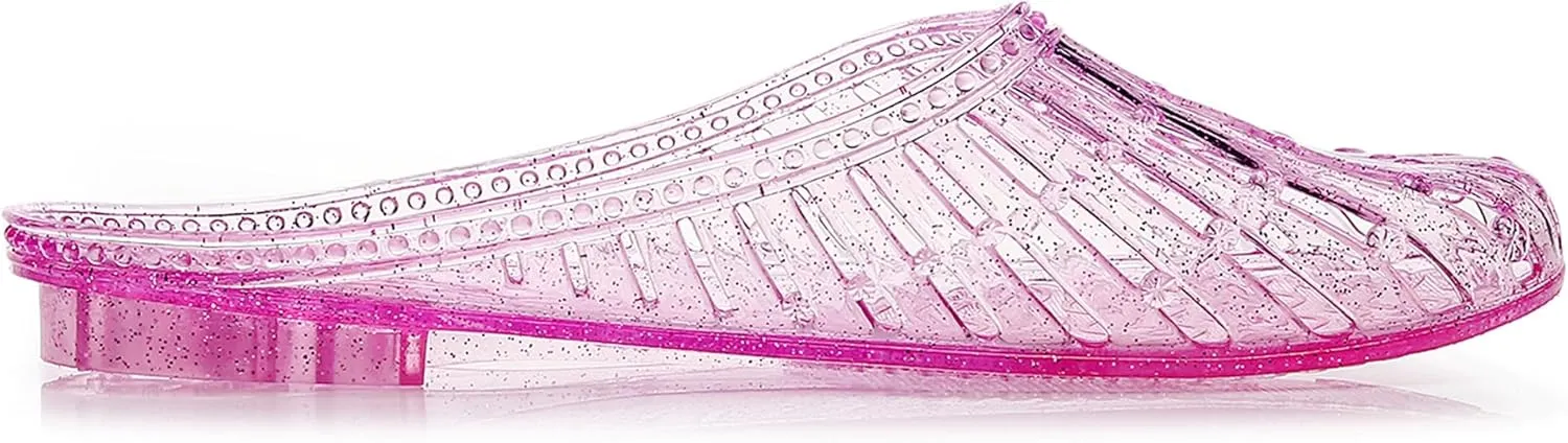 Womens Jelly Shoes, White Jellies Sandals Glitter Clear Flats Slip On Summer Beach Slippers Transparent Closed Toe Soft Slide