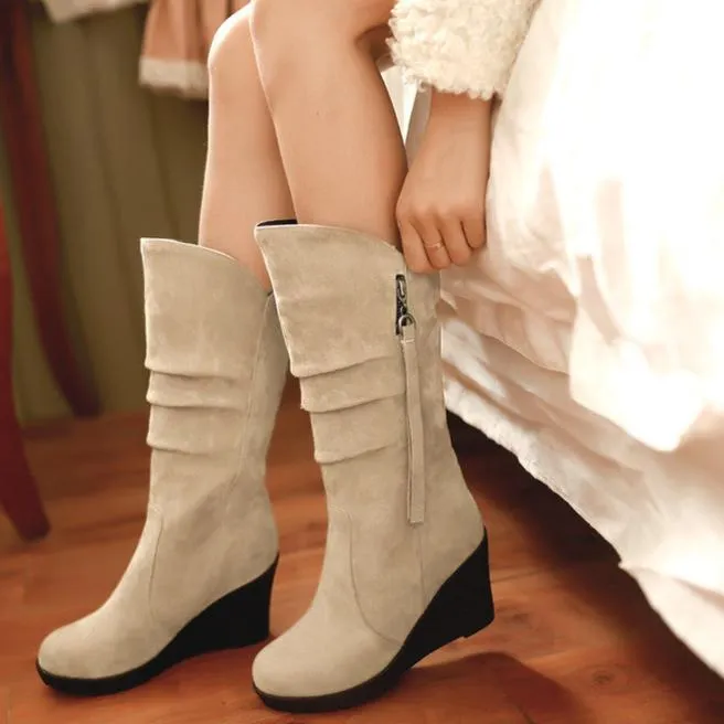 Women's wedge heel mid calf slouch boots