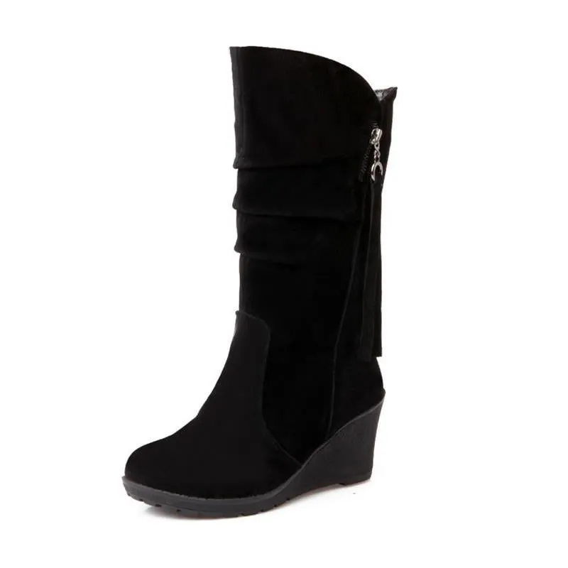 Women's wedge heel mid calf slouch boots